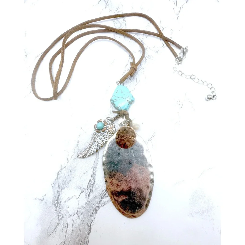 Long Boho Natural Stone Wing Blessed Charm Suede Cord Necklace